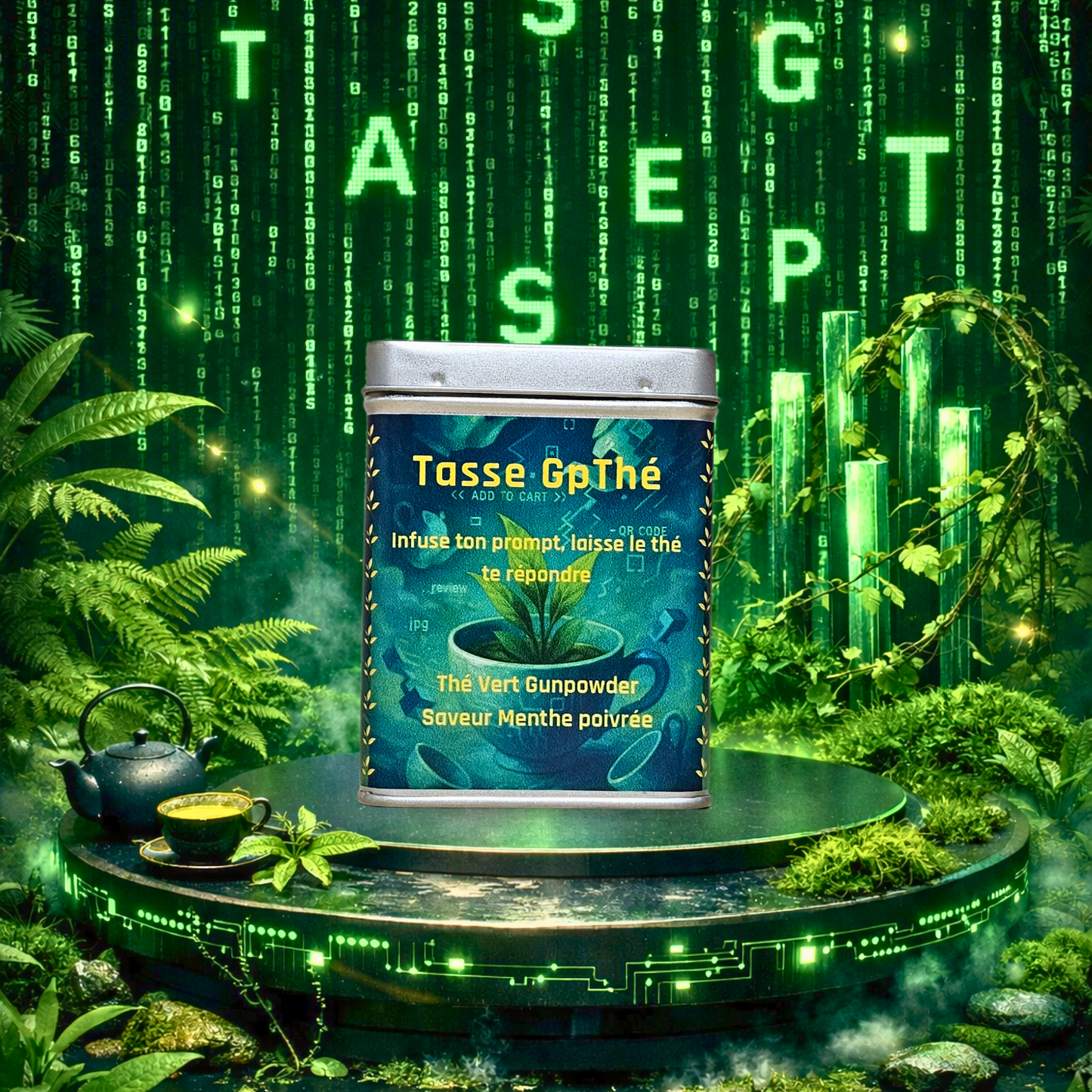 Thé vert gunpowder à la menthe poivrée en boîte métallique, présenté sur un socle avec décor végétal et ambiance digitale futuriste verte. La Bibliothéière
