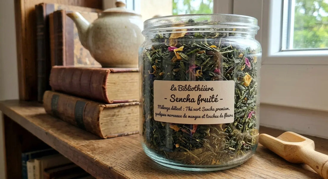 Thé mangue en vrac : thé vert Sencha, morceaux de mangue séchée et fleurs, mélange fruite La Bibliothéière