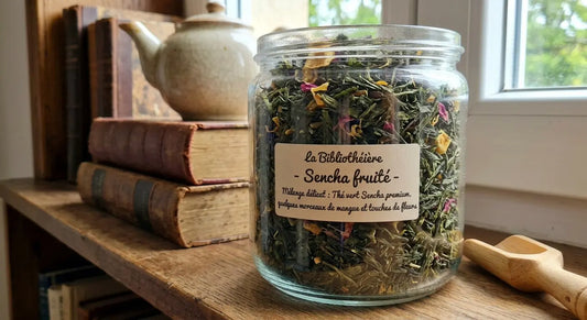 Thé mangue en vrac : thé vert Sencha, morceaux de mangue séchée et fleurs, mélange fruite La Bibliothéière