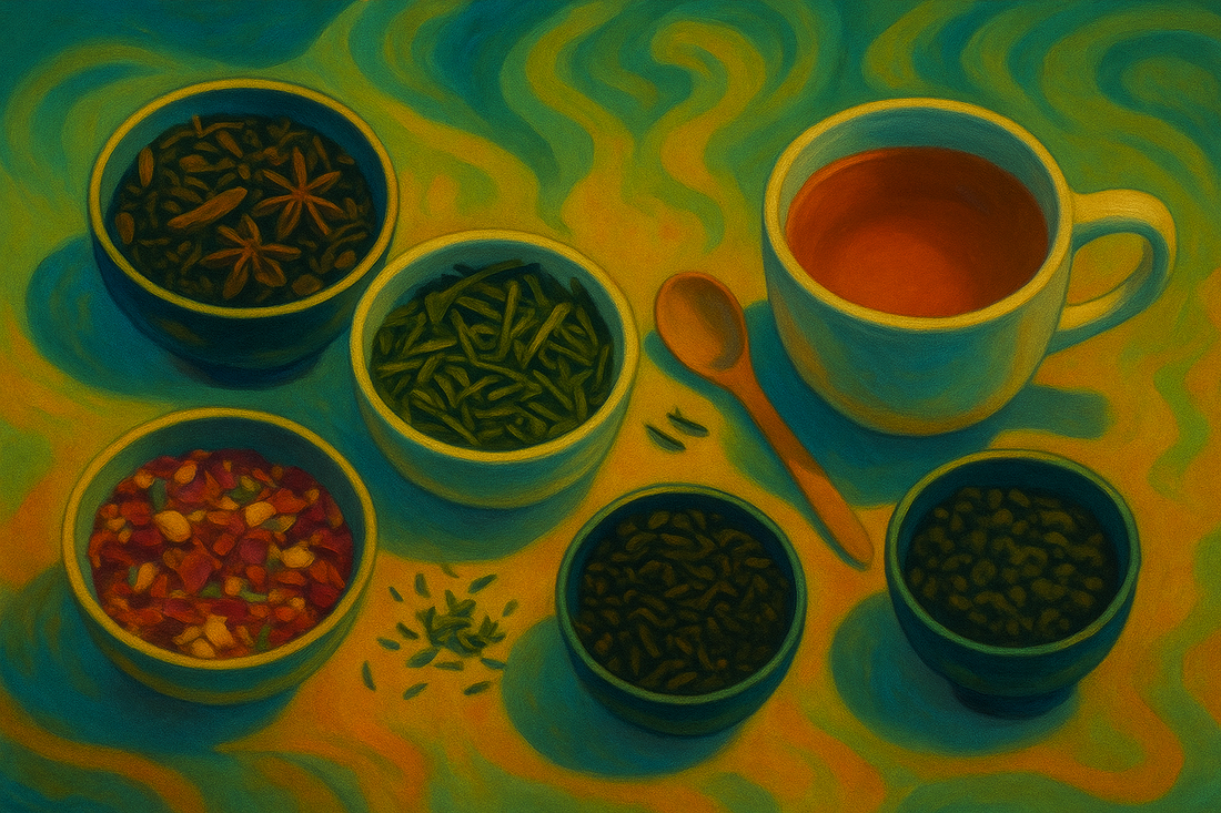 Scène artistique représentant différents thés en vrac dans de petits bols, une tasse de thé chaud et une cuillère en bois, dans des tons chauds et bleus évoquant la dégustation et l’univers du thé.