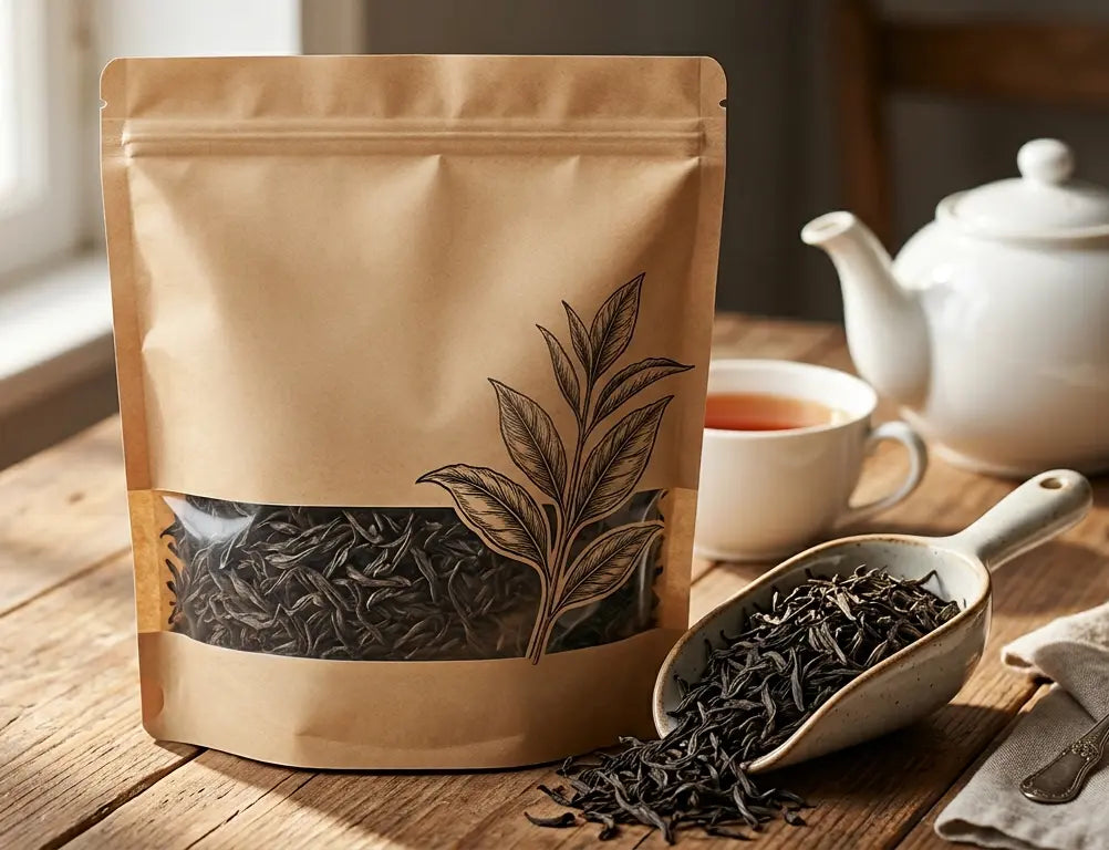 Paquet de thé en vrac affichant un grade Orange Pekoe et ses feuilles entières