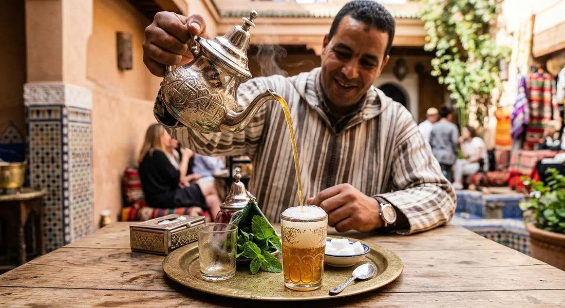 Verre de thé à la menthe marocain versé de haut avec mousse caractéristique