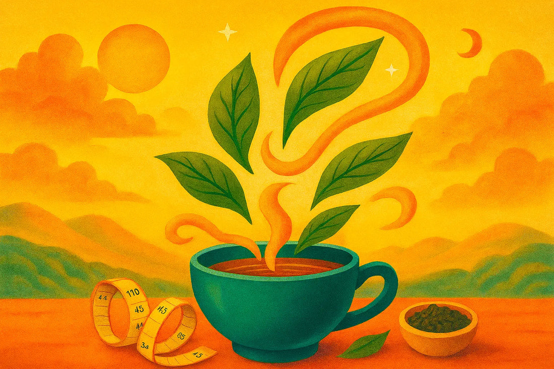 Illustration d'une tasse de thé vert fumante entourée de feuilles de Camellia sinensis et d'un mètre ruban, symbolisant la question du thé comme allié minceur