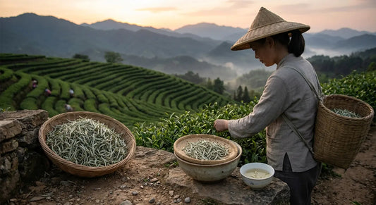 Bourgeons de the blanc Bai Hao Yin Zhen couverts de leur duvet argente