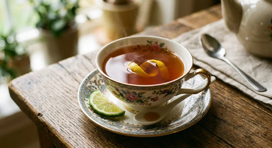 Tasse de thé Earl Grey ambre avec un zeste de bergamote pose sur la soucoupe