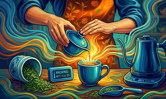 Illustration stylisée pour le guide complet sur la préparation du thé en vrac, montrant un thermomètre digital réglé à 80°C pour une infusion parfaite, une bouilloire à col de cygne et un gaiwan, avec des volutes d'arômes s'échappant.