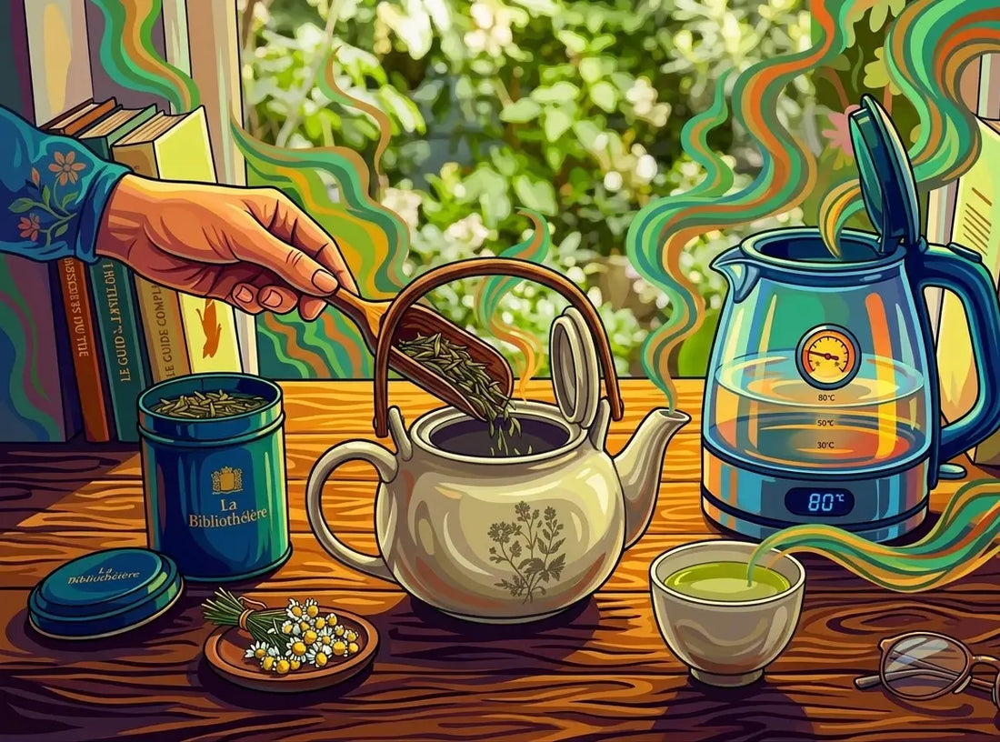 Préparation d'un thé vert en vrac avec théière à infuseur panier et bouilloire à température réglable sur un bureau en bois.