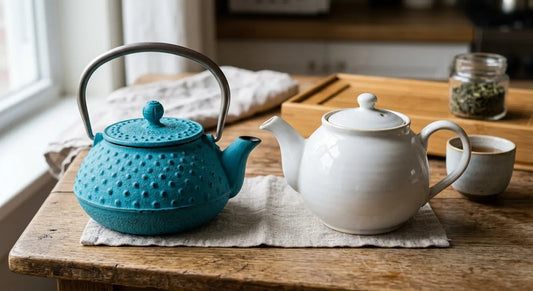 Théière en fonte turquoise 800 ml et théière en céramique blanche côte à côte pour comparer les matières