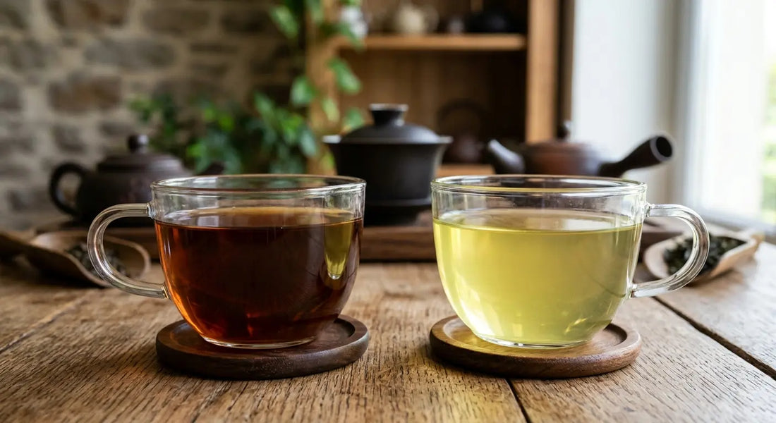 Comparaison visuelle entre une liqueur de thé noir foncée et une liqueur de thé vert claire