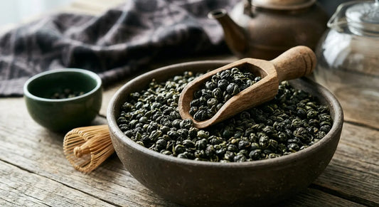 Perles de thé vert gunpowder roulées serrées avant infusion