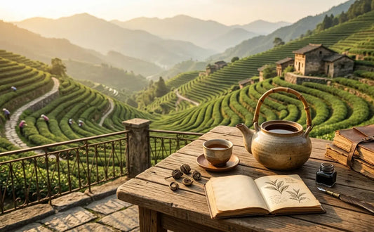 livre, théière, tasse de thé posés sur une table, avec vue sur plantation de thé vert