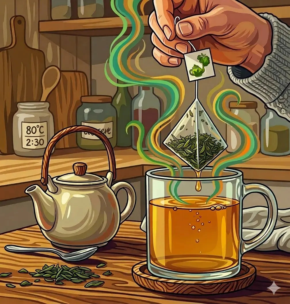 Sachet de thé pyramide en cours d'infusion dans une tasse en verre, montrant le déploiement des feuilles de thé vert vrac et une théière en céramique en arrière-plan.