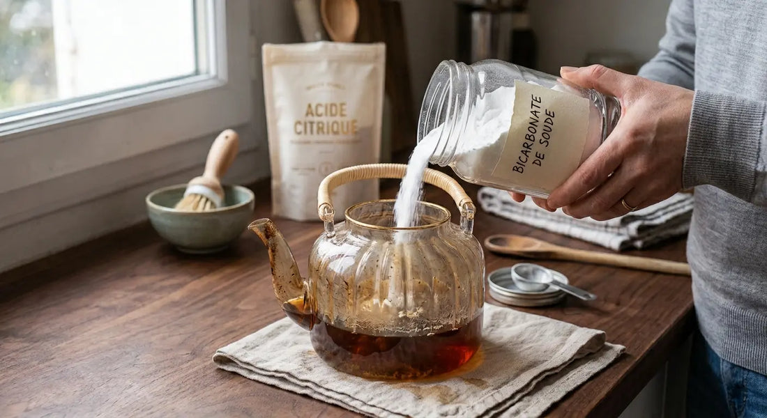 Bicarbonate de soude versé dans une théière en verre pour enlever les taches de thé