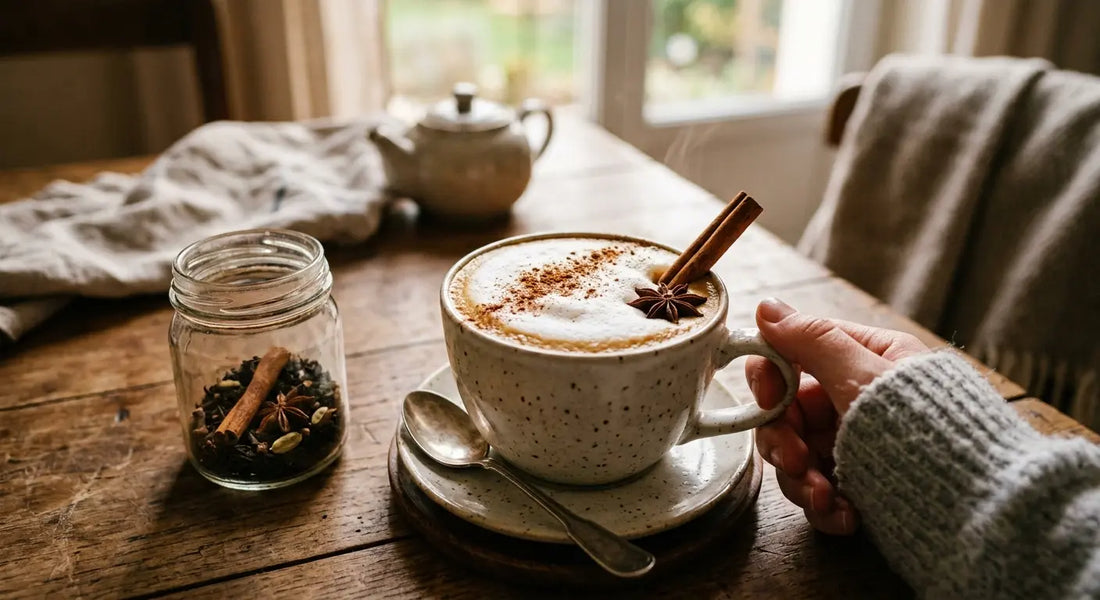 Chai latte maison préparé avec du thé noir épicé