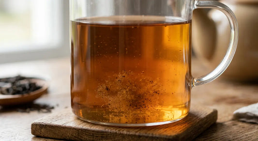 Petites particules de thé en feuilles en suspension au fond d'une tasse en verre