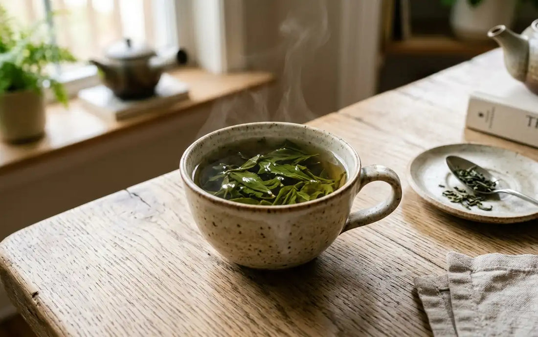 tasse de thé vert en feuilles sans sucre sur table en bois clair