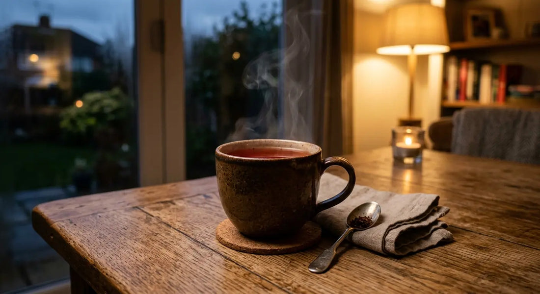 Tasse de rooibos rouge cuivré fumant posée sur une table en bois le soir