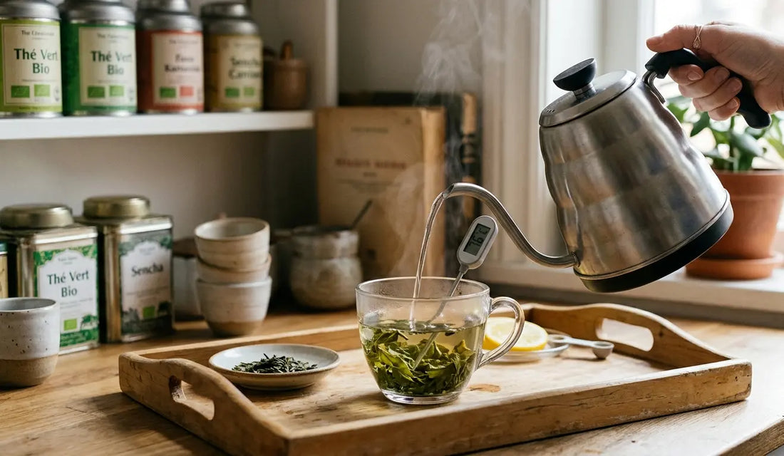 Bouilloire versant de l'eau chaude sur des feuilles de the en vrac