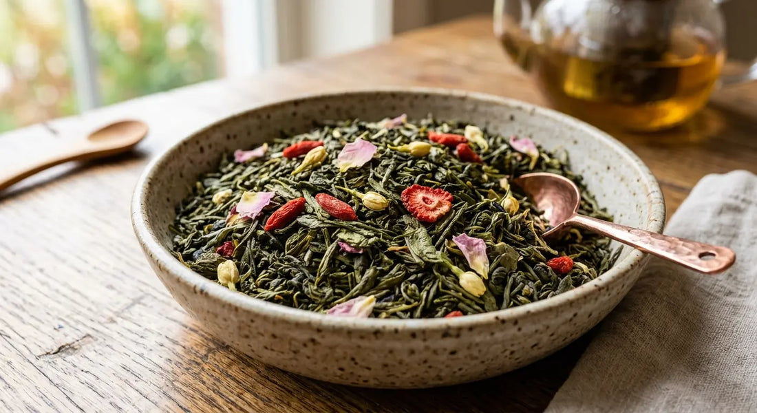Thé vert parfumé en vrac avec morceaux de fruits et pétales de fleurs visibles