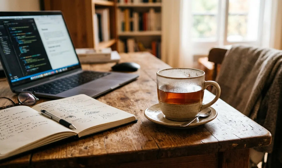 Infuseur de thé en vrac posé sur un bureau | La Bibliothéière