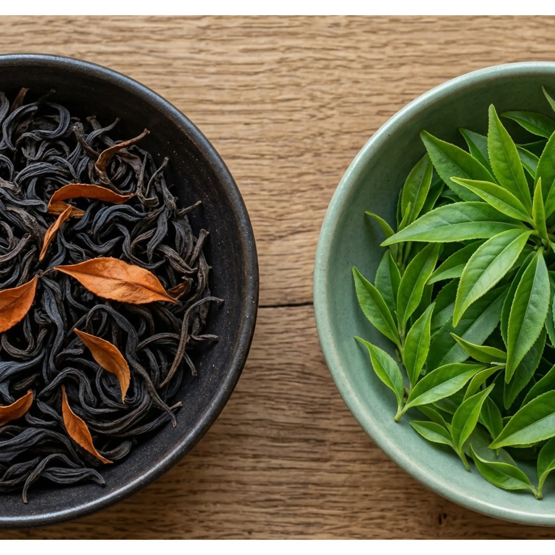 Feuilles de thé noir oxydées et feuilles de thé vert cote a cote, comparaison visuelle