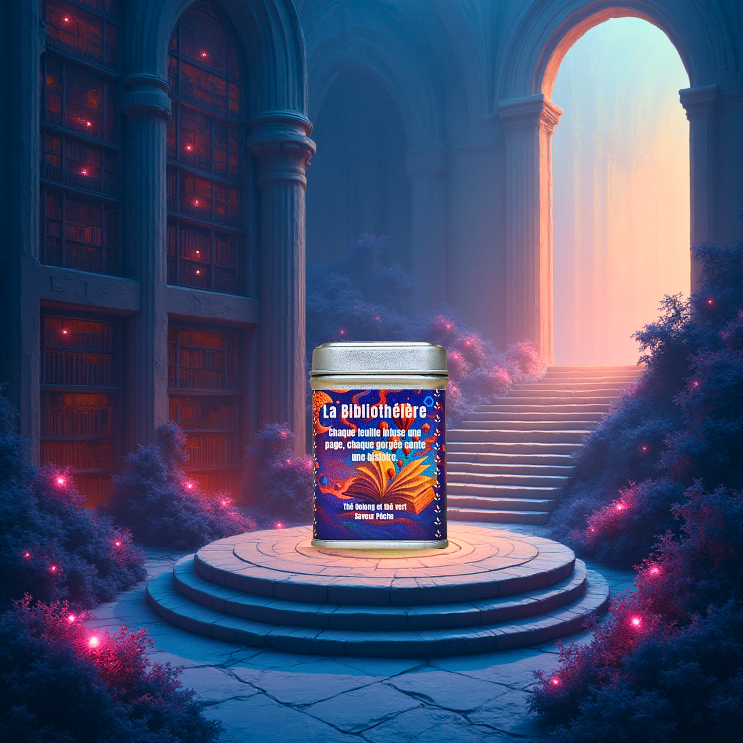 Thé oolong et thé vert à la pêche en boîtes 50g, visuel produit avec mise en scène graphique. Marque La Bibliothéière