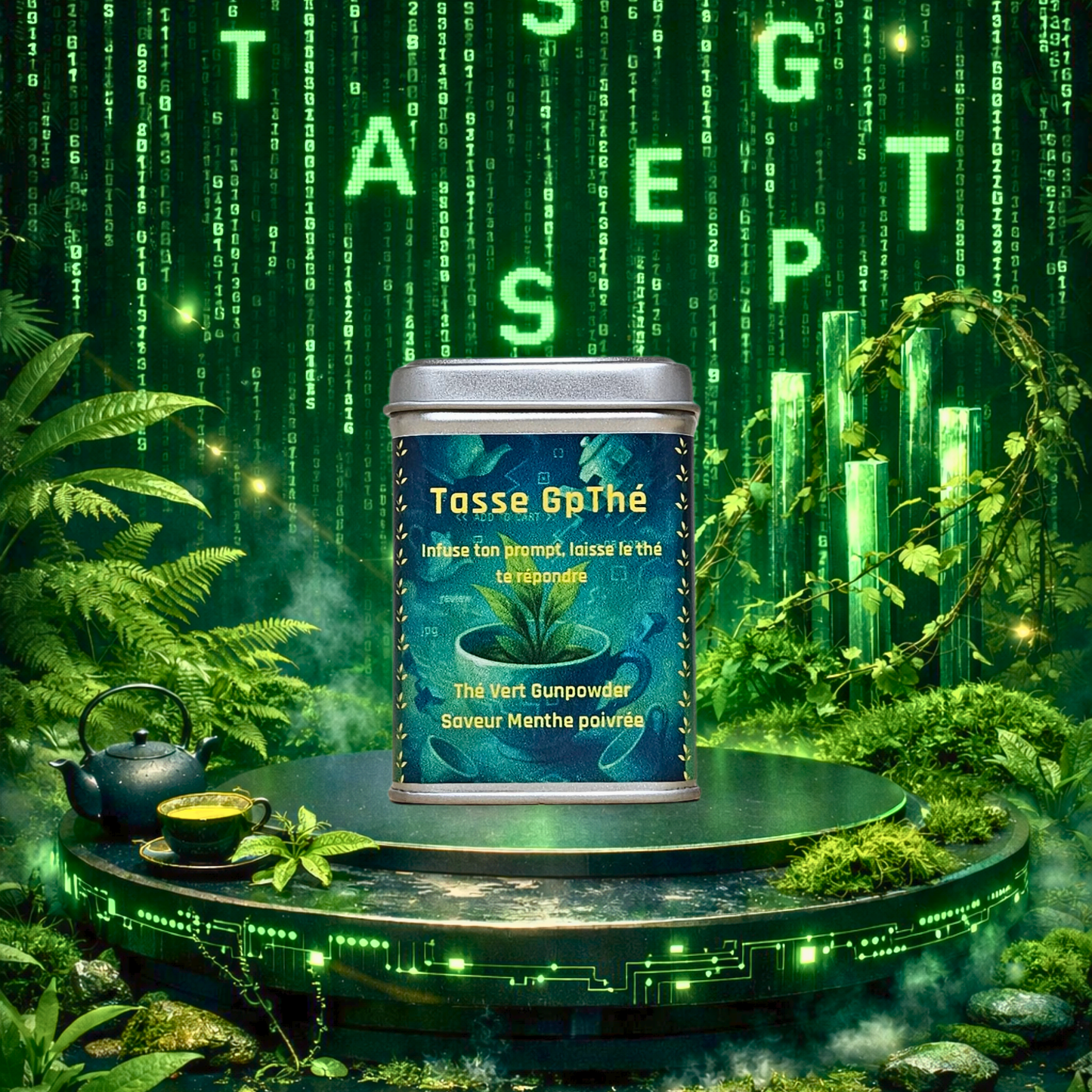 Thé vert gunpowder à la menthe poivrée en boîte métallique 50g, présenté sur un socle avec décor végétal et ambiance digitale futuriste verte. La Bibliothéière