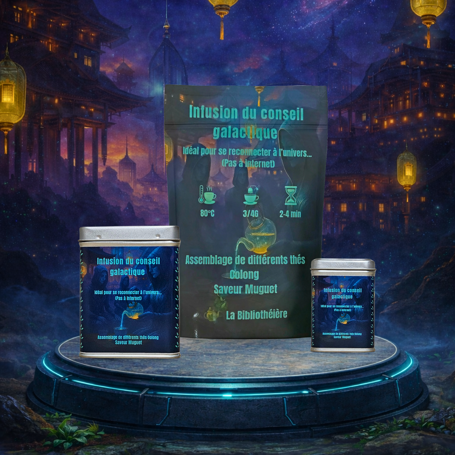 Assemblage de thé oolong saveur muguet en sachet et boîtes métal, présentation du produit La Bibliothéière, visuel produit sur fond galactique.