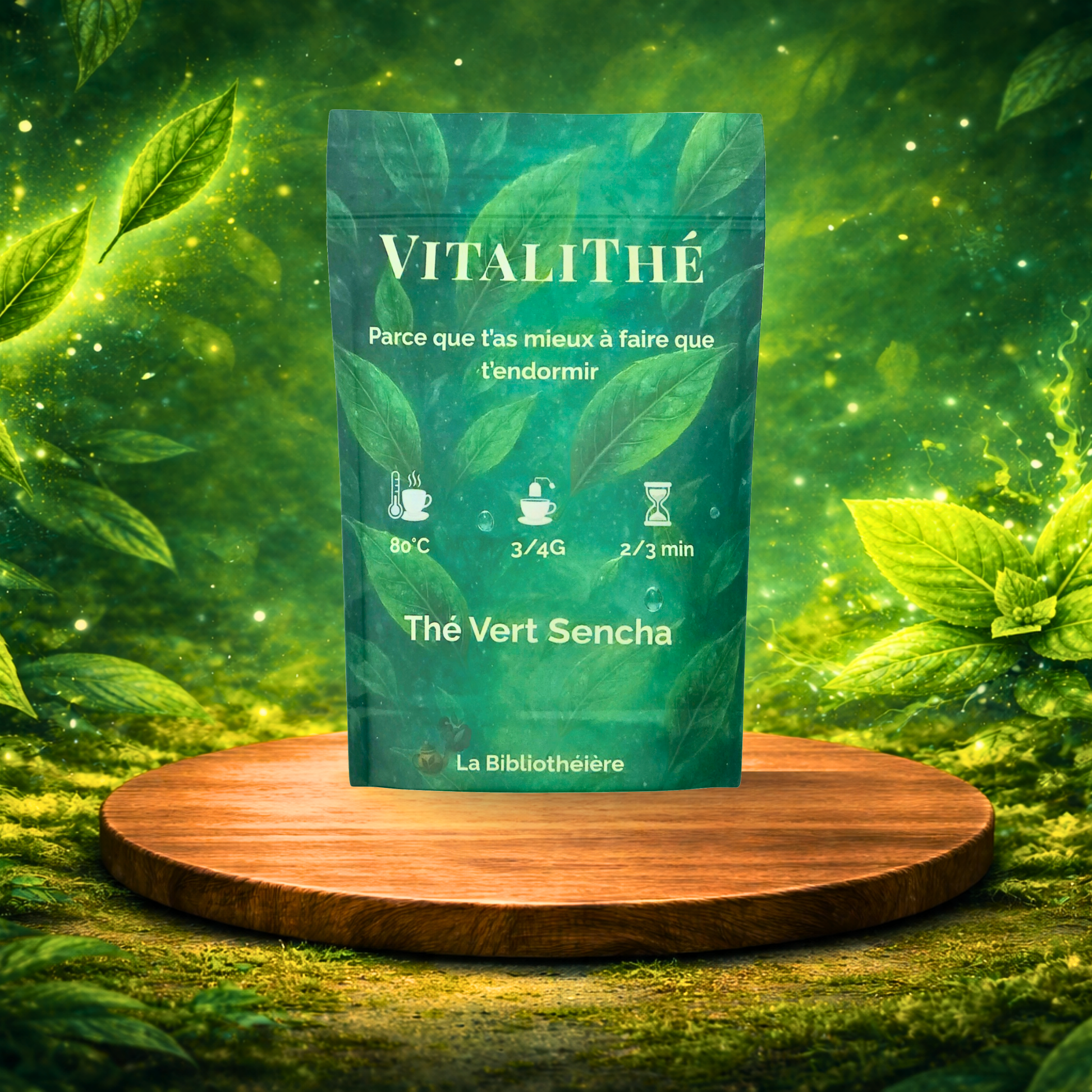 Thé vert sencha en sachet, visuel produit avec mise en scène végétale. La Bibliothéière