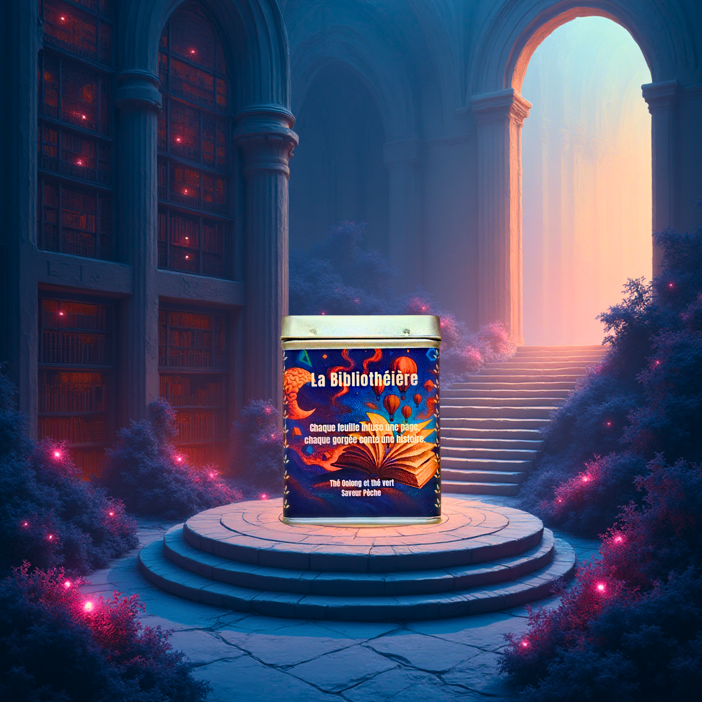 Thé oolong et thé vert à la pêche en  boîte, visuel produit avec mise en scène graphique. Marque La Bibliothéière