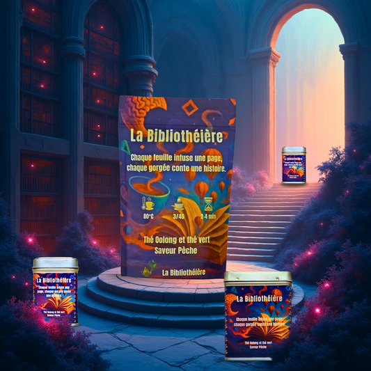 Thé oolong et thé vert à la pêche en sachet et boîtes, visuel produit avec mise en scène graphique. Marque La Bibliothéière