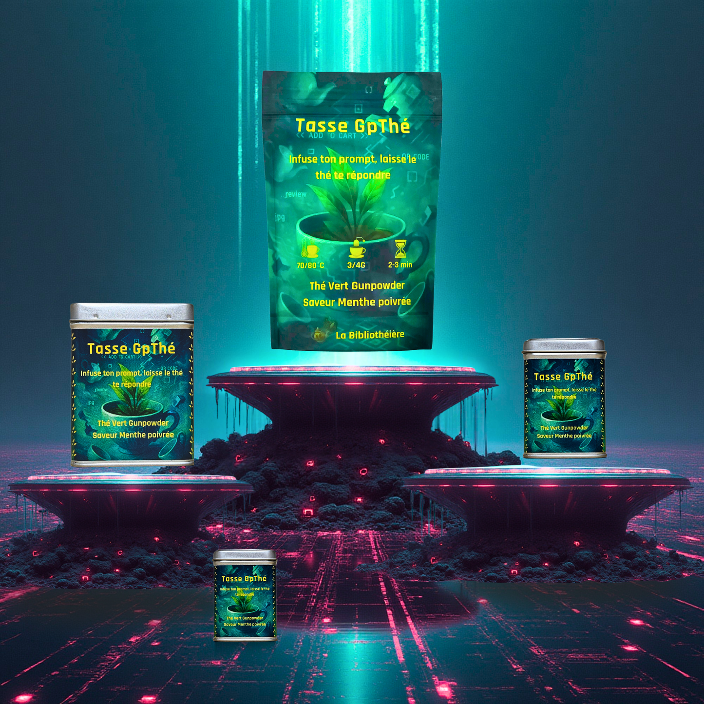 Thé vert gunpowder à la menthe poivrée en doypack et boîtes métalliques, mise en scène sur des socles futuristes avec décor numérique. La Bibliothéière