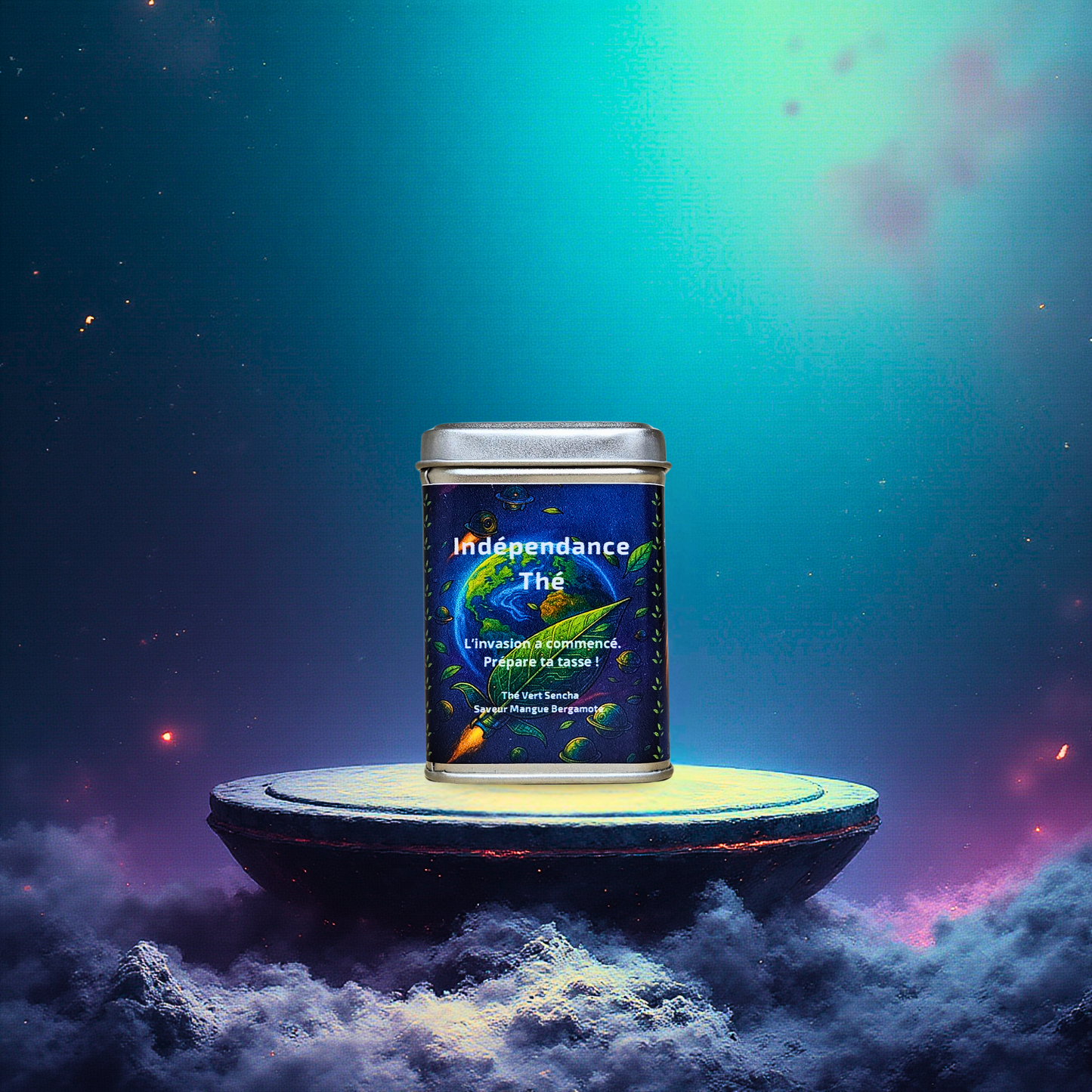 Thé vert sencha saveur mangue bergamote en doypack et boîtes métalliques, présentés sur des socles dans une mise en scène illustrée futuriste. La Bibliothéière