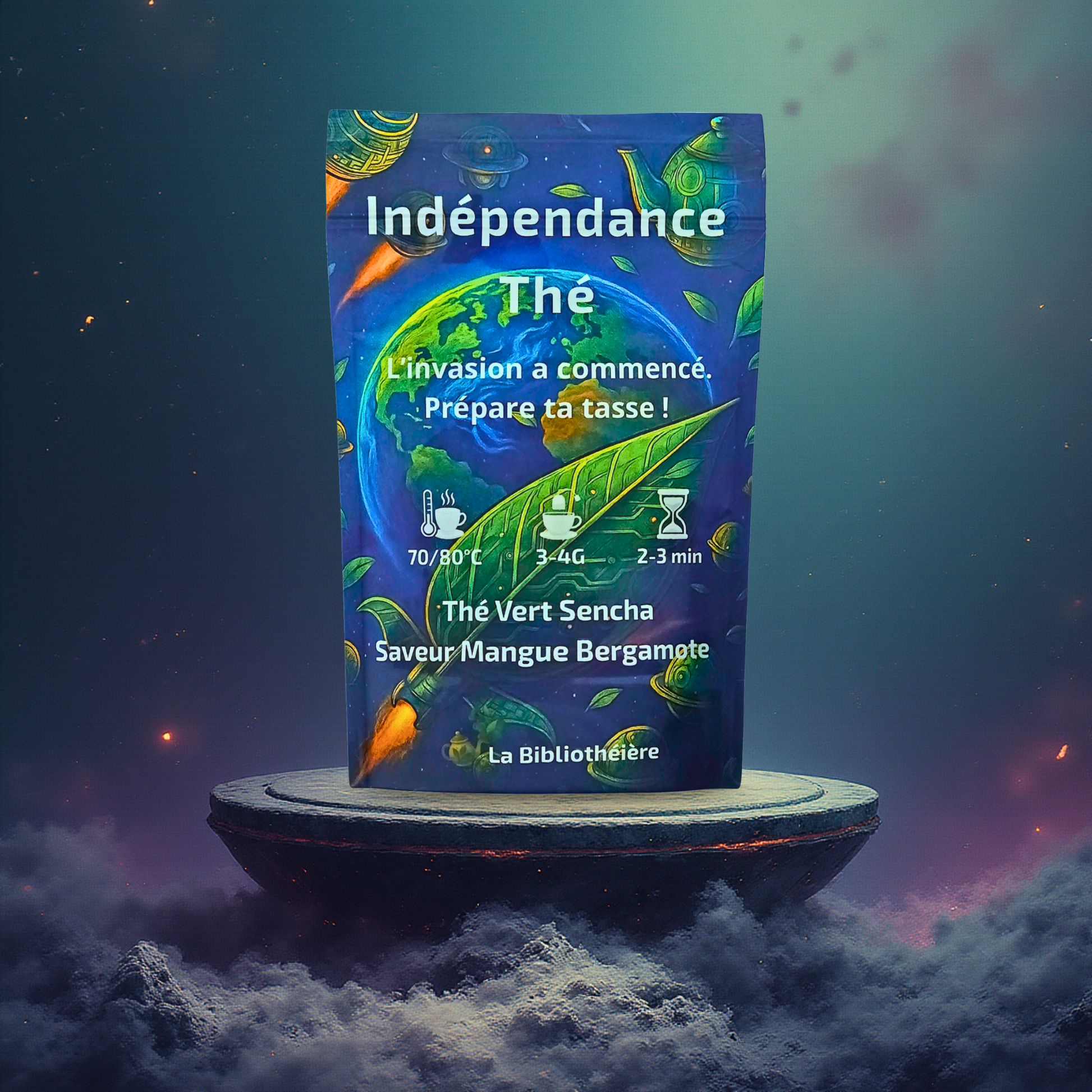 Thé vert sencha saveur mangue bergamote en doypack, présentés sur des socles dans une mise en scène illustrée futuriste. La Bibliothéière