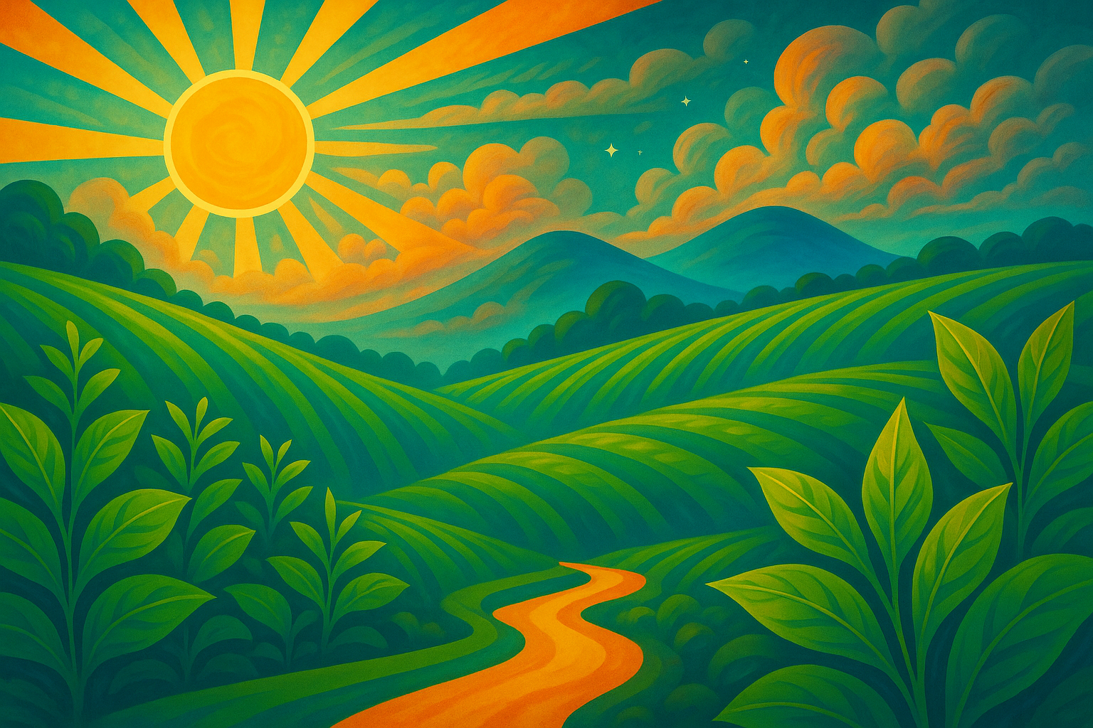 Plantation de thé premium. Image artistique pour boutique de thé : paysage surréaliste avec soleil, collines vertes, plantations de thé et chemin lumineux, visuel évoquant nature, relaxation, infusion, rituel et voyage intérieur.