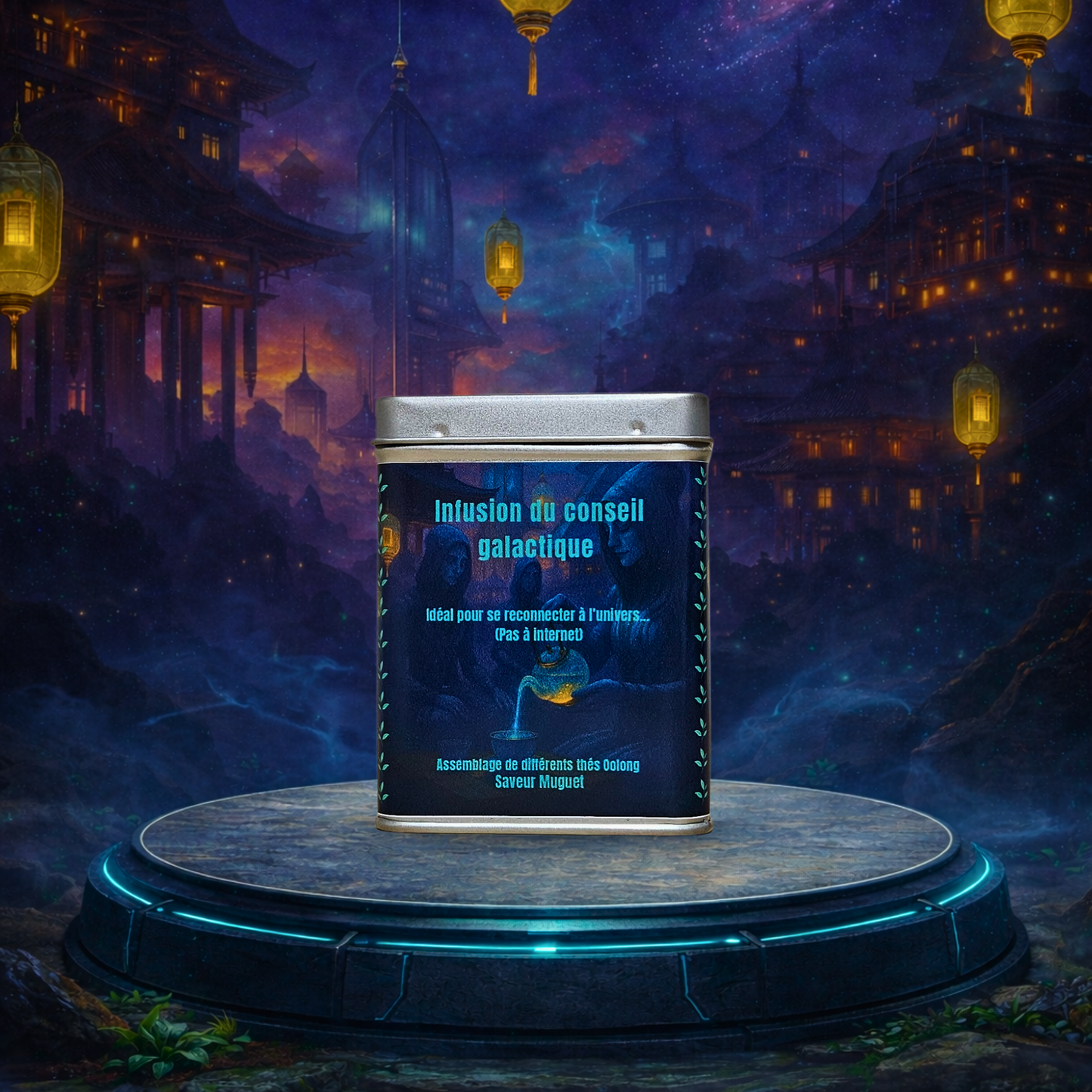 Assemblage de thé oolong saveur muguet en sachet et boîte métal, 100G présentation du produit La Bibliothéière, visuel produit sur fond galactique.