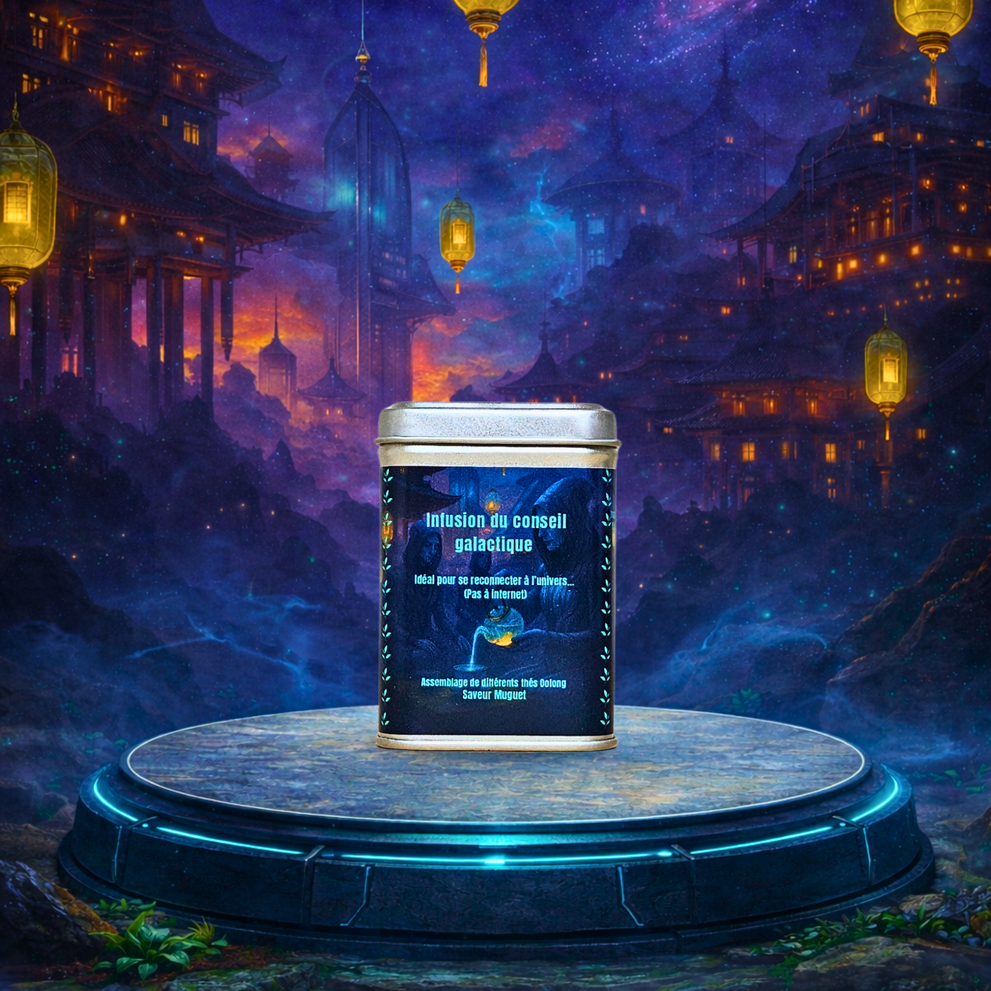 Assemblage de thé oolong saveur muguet en sachet et boîte métal 50G, présentation du produit La Bibliothéière, visuel produit sur fond galactique. 