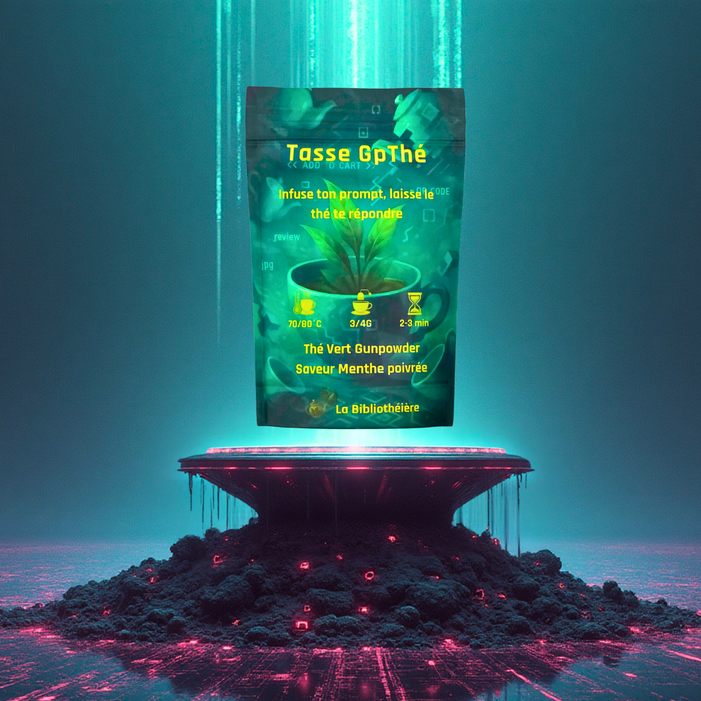 Thé vert gunpowder à la menthe poivrée endoypack de 100g, présenté sur un socle avec décor végétal et ambiance digitale futuriste verte. La Bibliothéière