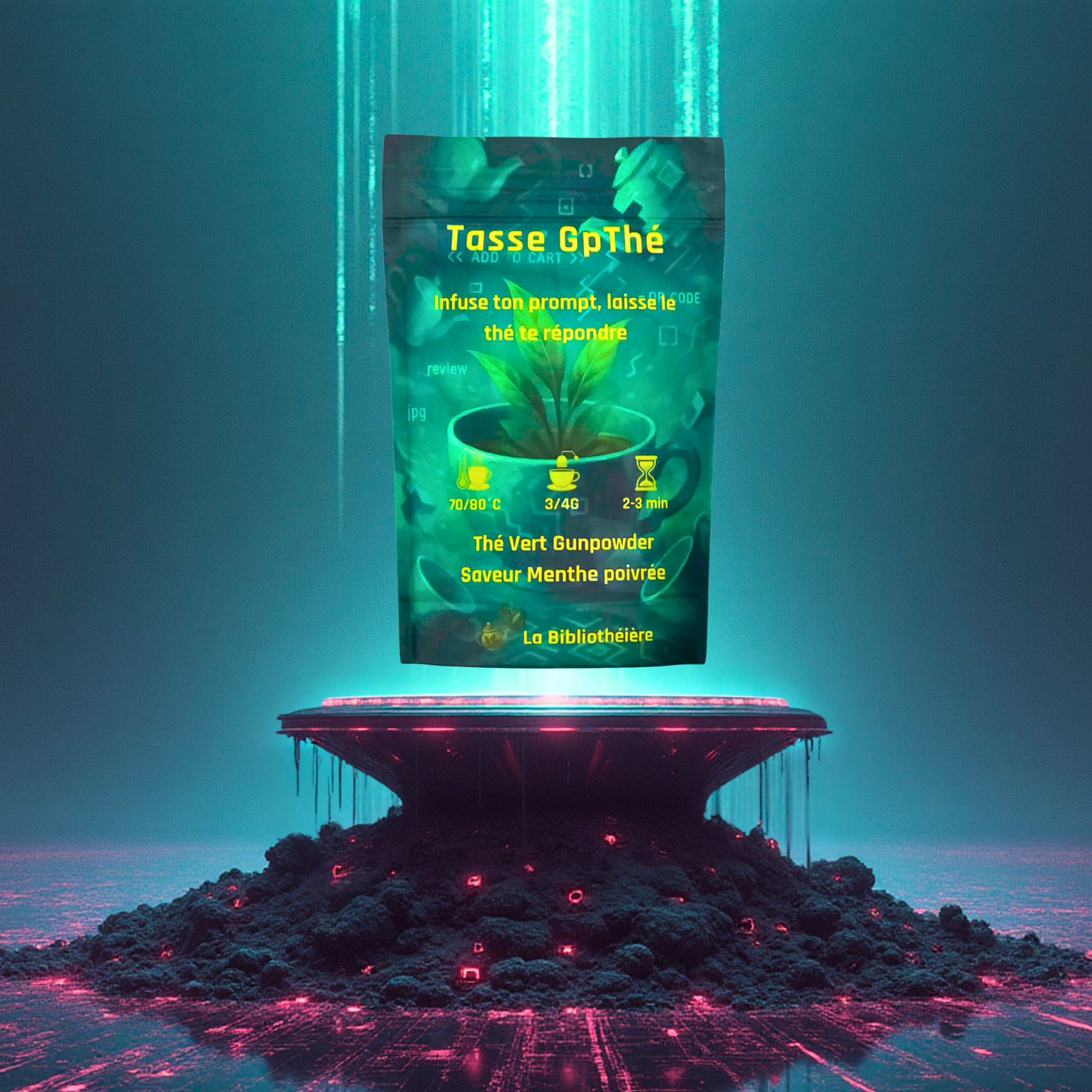 Thé vert gunpowder à la menthe poivrée endoypack de 100g, présenté sur un socle avec décor végétal et ambiance digitale futuriste verte. La Bibliothéière