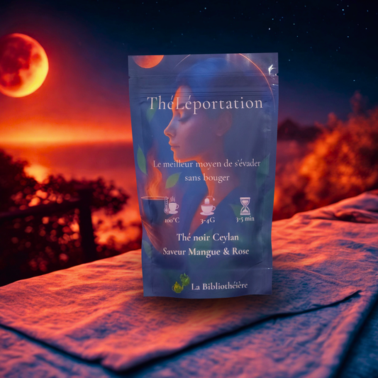 Packaging de thé noir Ceylan mangue rose sous ciel étoilé avec lune rouge – ambiance mystique et céleste. La Bibliotheiere