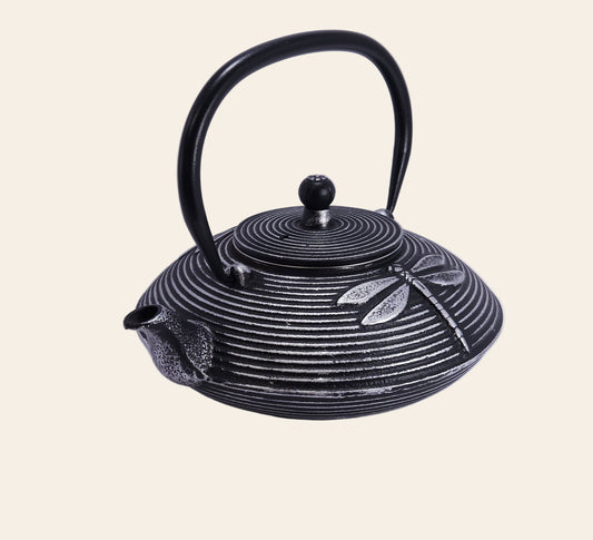 Vue rapprochée d’une théière en fonte noire 800 ml, détails du bec et du filtre inox