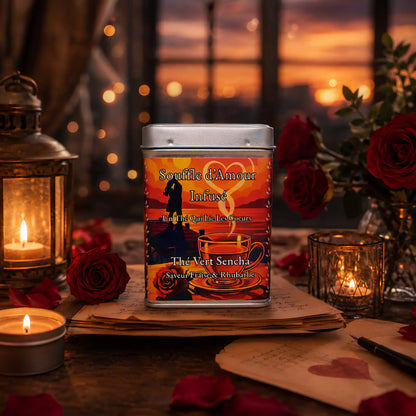 Boîte 100g de thé vert Sencha fraise-rhubarbe Souffle d'Amour Infusé de La Bibliothéière, sur des lettres d'amour à la lueur des bougies