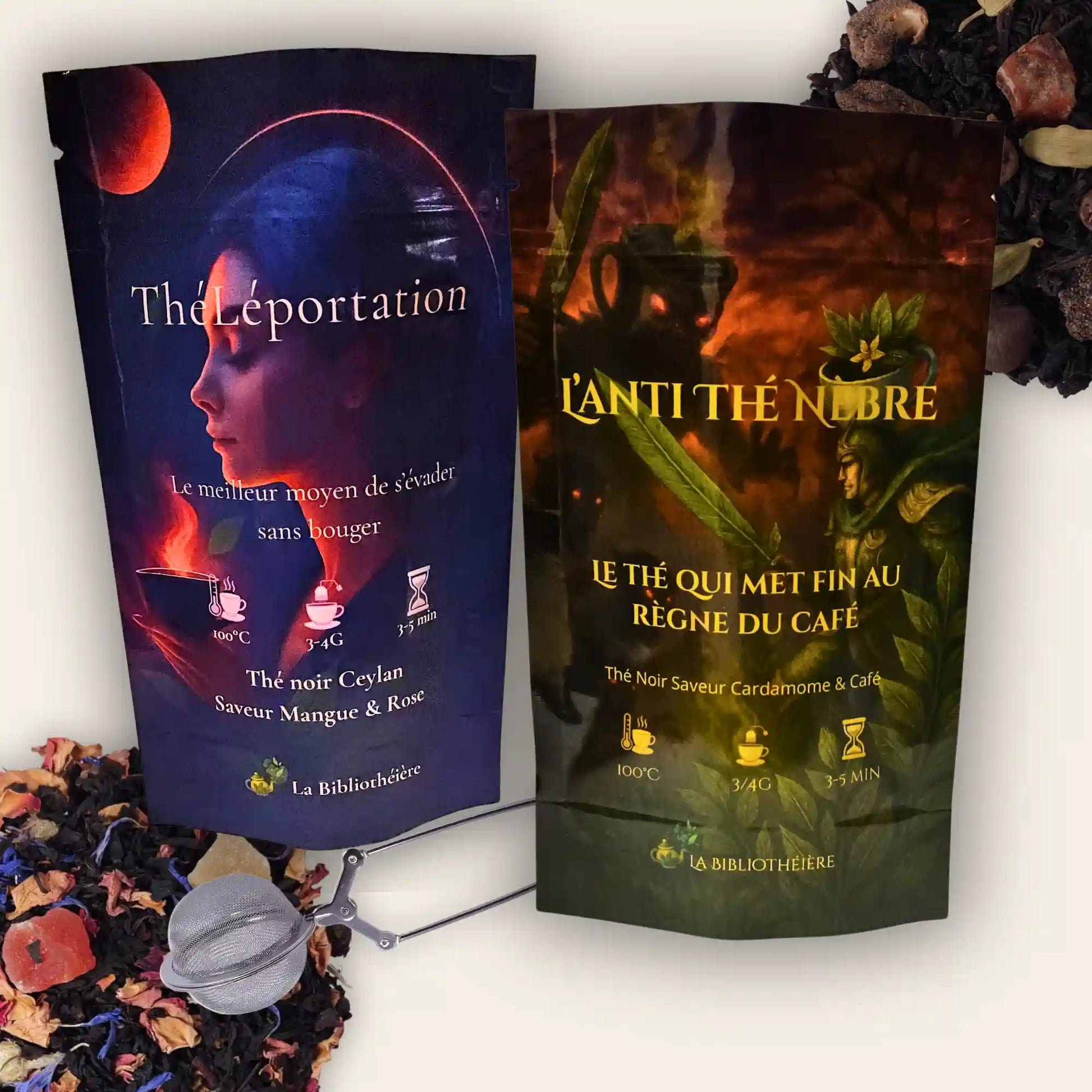 Coffret thé noir en vrac La Bibliothèque Noire - 2 sachets 100g cardamome café et mangue rose avec pince acier 304, La Bibliothéière