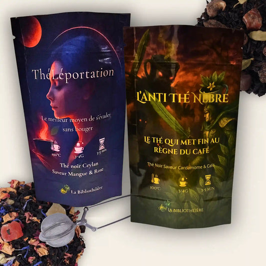 Coffret thé noir en vrac La Bibliothèque Noire - 2 sachets 100g cardamome café et mangue rose avec pince acier 304, La Bibliothéière