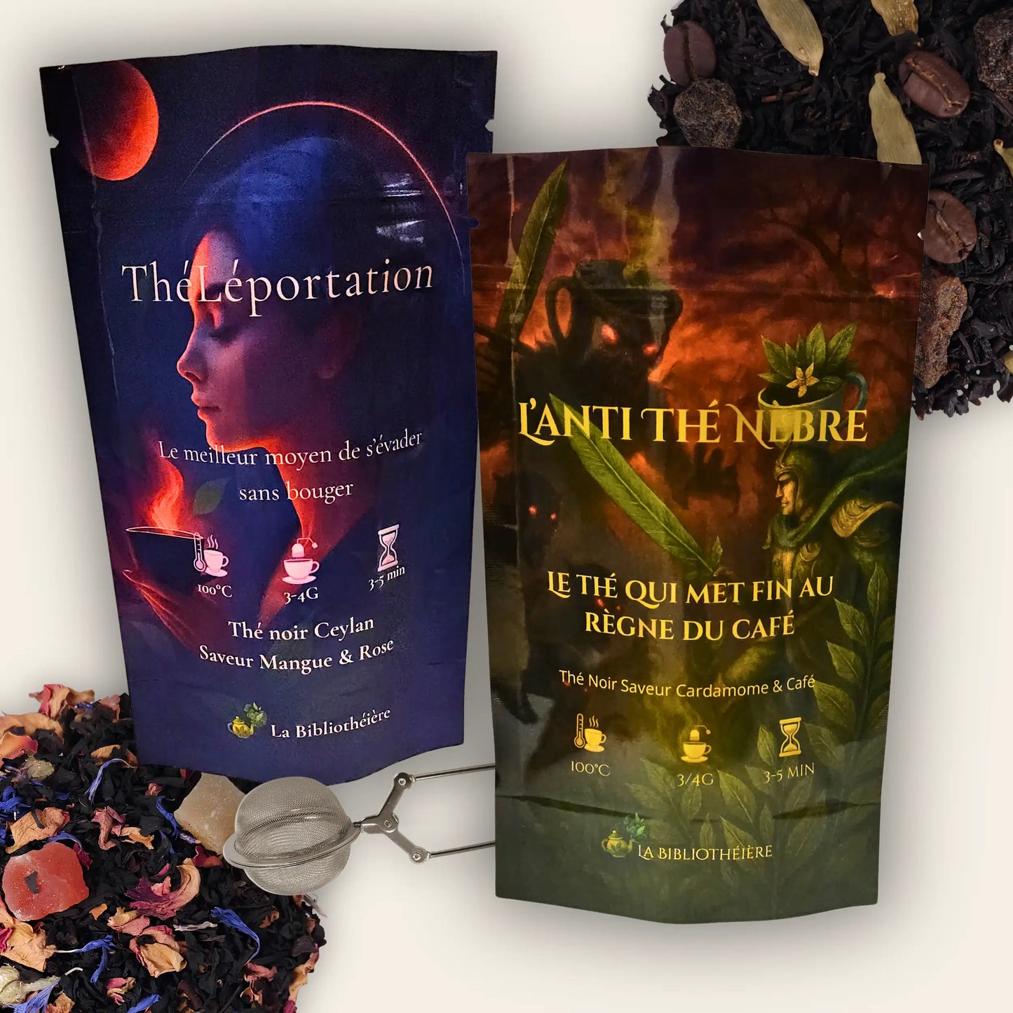 Coffret thé noir en vrac La Bibliothèque Noire - 2 sachets 100g cardamome café et mangue rose avec pince acier 304, La Bibliothéière