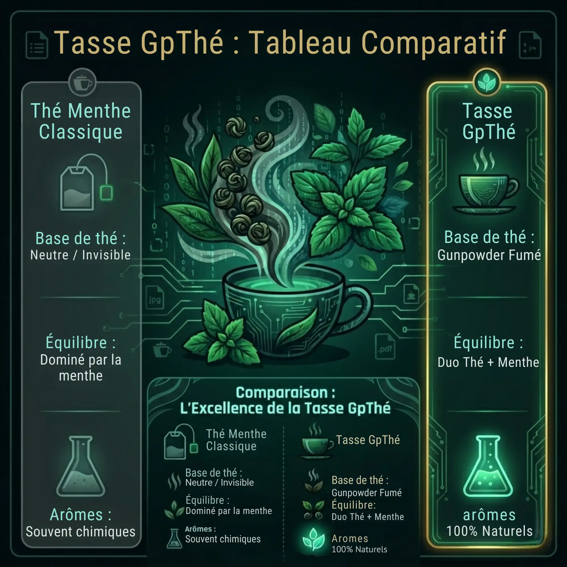 Tableau comparatif entre un thé à la menthe classique et la Tasse GpThé de La Bibliothéière, soulignant l'utilisation d'une base Gunpowder fumée et d'arômes 100% naturels face aux arômes chimiques industriels.