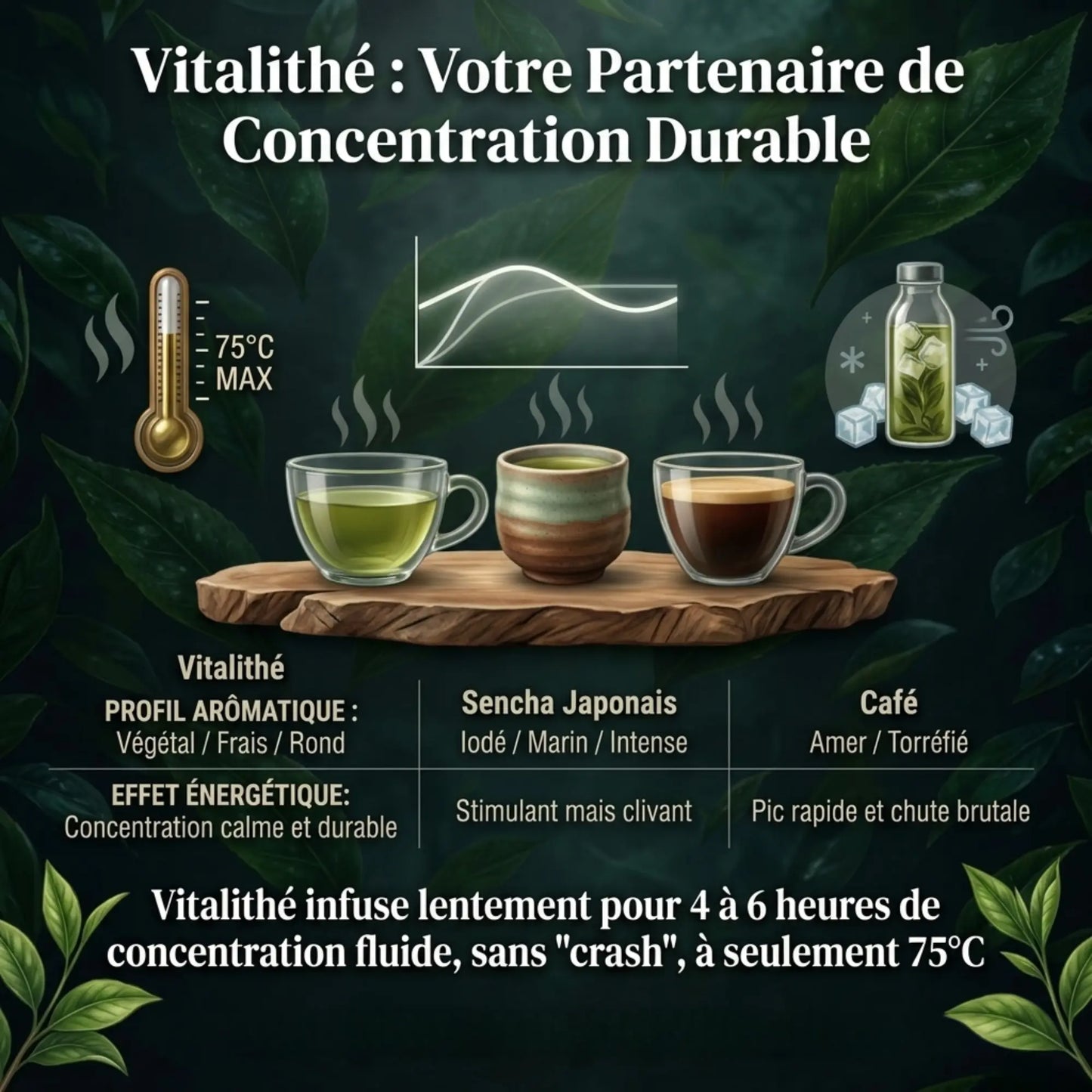 Infographie comparative Vitalithé : boisson de concentration durable vs Sencha japonais et café. Le visuel montre trois tasses sur un socle en bois, un graphique d'énergie stable pour le Vitalithé, et des conseils de préparation (75°C max, infusion lente). Le texte souligne un effet énergétique de 4 à 6 heures sans pic ni chute brutale, avec un profil aromatique végétal, frais et rond
