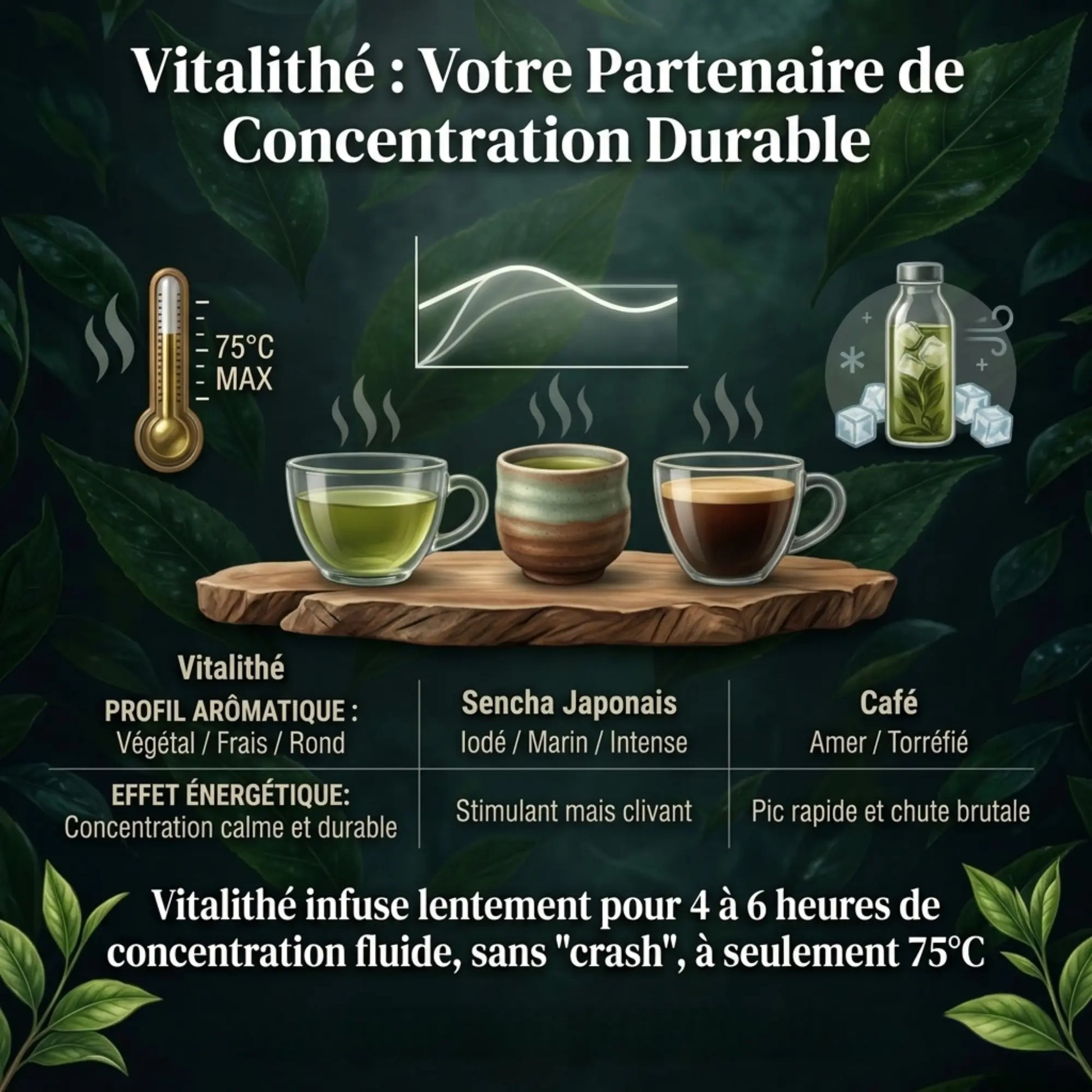 Infographie comparative Vitalithé : boisson de concentration durable vs Sencha japonais et café. Le visuel montre trois tasses sur un socle en bois, un graphique d'énergie stable pour le Vitalithé, et des conseils de préparation (75°C max, infusion lente). Le texte souligne un effet énergétique de 4 à 6 heures sans pic ni chute brutale, avec un profil aromatique végétal, frais et rond