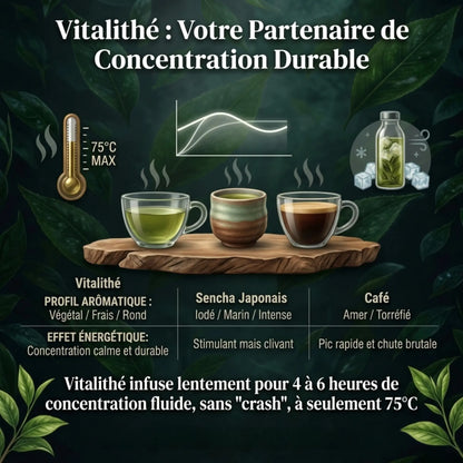 Infographie comparative Vitalithé : boisson de concentration durable vs Sencha japonais et café. Le visuel montre trois tasses sur un socle en bois, un graphique d'énergie stable pour le Vitalithé, et des conseils de préparation (75°C max, infusion lente). Le texte souligne un effet énergétique de 4 à 6 heures sans pic ni chute brutale, avec un profil aromatique végétal, frais et rond