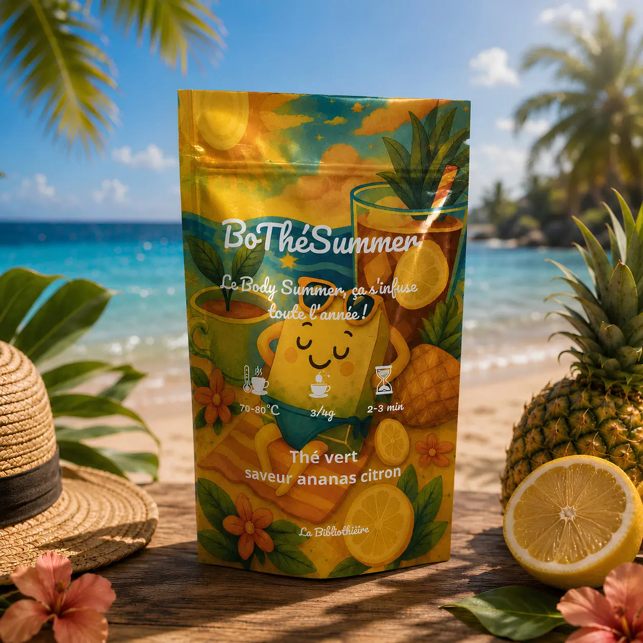 Sachet souple de thé vert aromatisé ananas citron, format recharge économique et écologique.